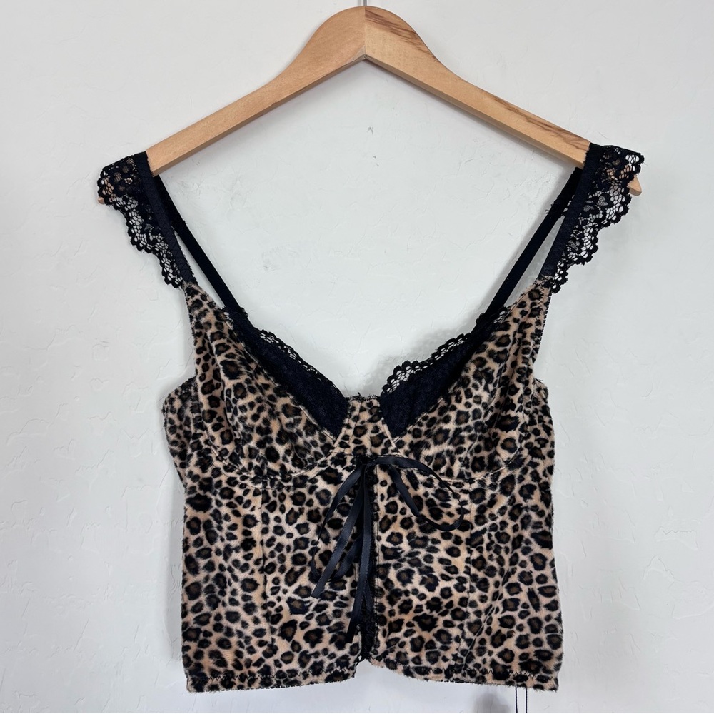 NWT Y2K Leopard Print Smocked Lace Up Corset Top With Lace Ruffle Straps